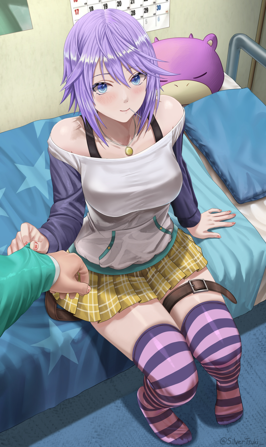 1boy 1girl bangs bed bed_sheet bedroom blue_eyes blush breasts candy clothes_grab collarbone eyebrows_visible_through_hair food food_in_mouth hair_between_eyes highres indoors jewelry large_breasts lollipop long_sleeves looking_at_viewer necklace off-shoulder_shirt off_shoulder on_bed pillow pleated_skirt purple_hair rosario+vampire shirayuki_mizore shirt short_hair silvertsuki sitting sitting_on_bed skirt sleeve_grab smile solo_focus striped striped_legwear thigh_strap thighhighs yellow_skirt