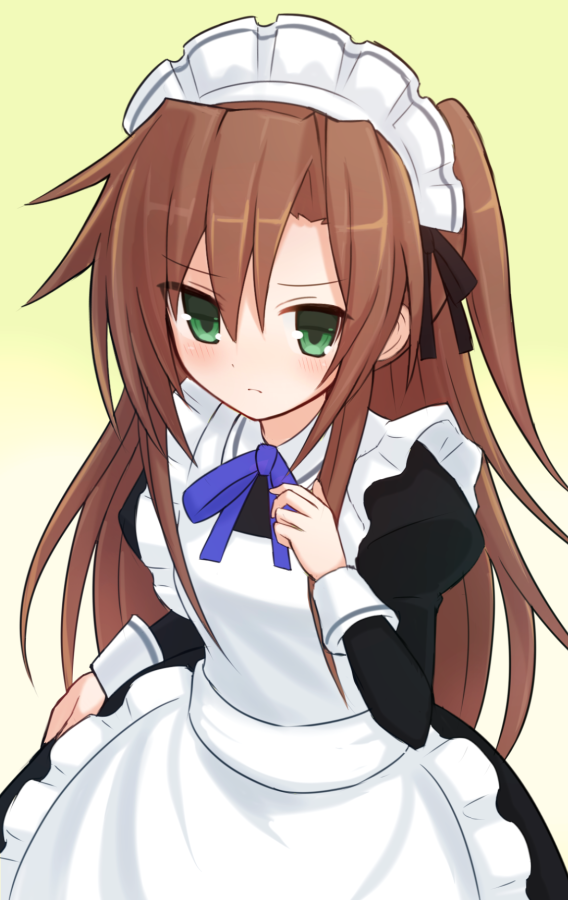 1girl alternate_costume apron blue_ribbon brown_hair choujigen_game_neptune enmaided green_eyes if_(neptune_series) long_hair looking_at_viewer maid maid_apron maid_headdress neptune_(series) ribbon solo suta_(clusta)