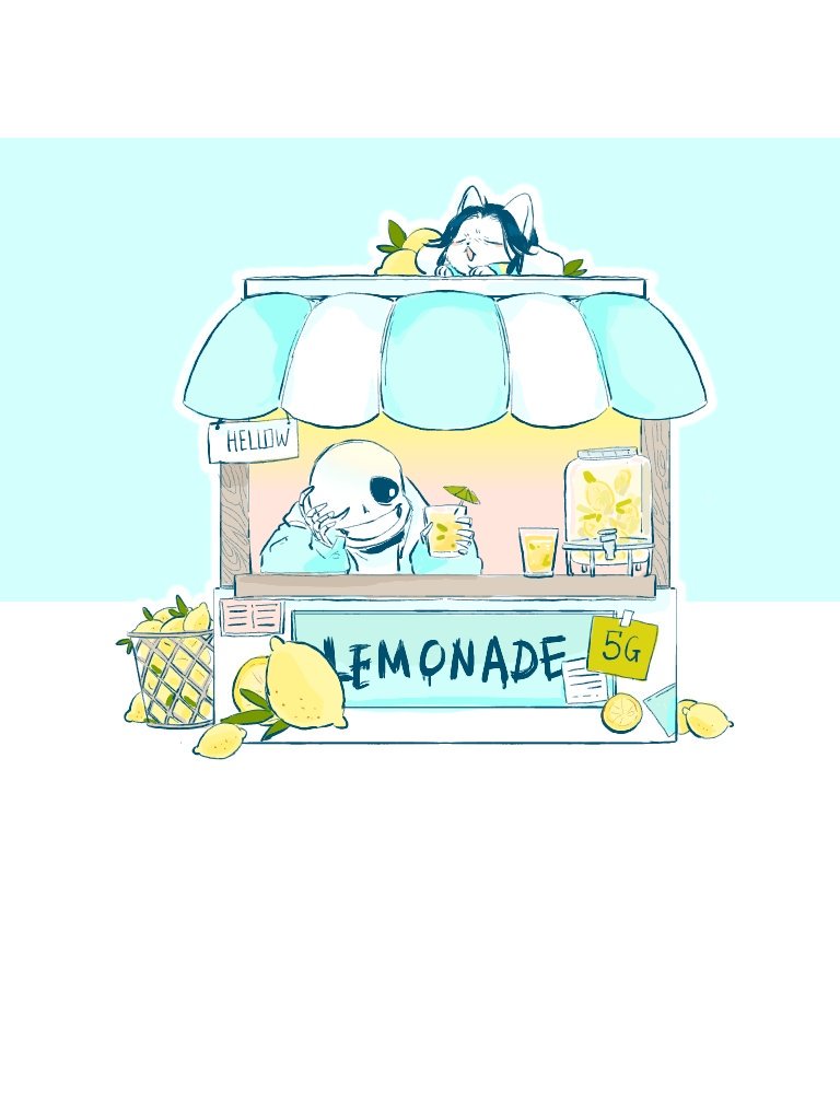 beverage bone canid canine clothed clothing felid feline fur glass hair hellow_society lemon lemonade lemonade_stand mammal sans_(undertale) simple_background skeleton sleeping smile tem temmie_(undertale) text topwear undertale undertale_(series) video_games white_body white_fur