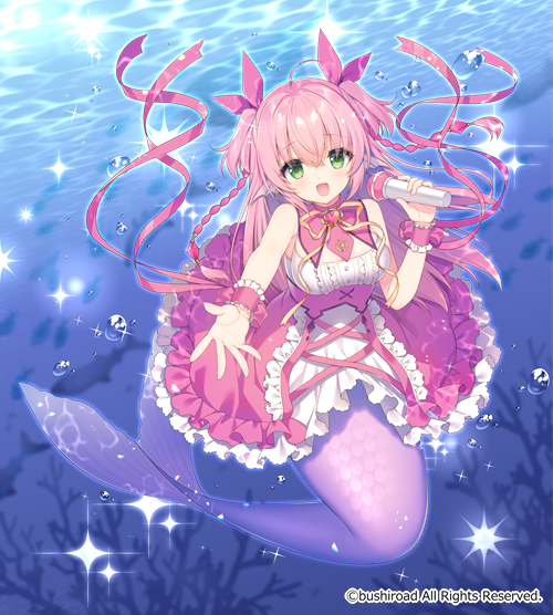 1girl :d air_bubble bangs bubble cardfight!!_vanguard character_name commentary_request dress eyebrows_visible_through_hair frilled_dress frills full_body green_eyes hair_between_eyes hair_ribbon holding holding_microphone long_hair looking_at_viewer mermaid microphone monster_girl official_art pink_dress pink_hair red_ribbon ribbon sakura_neko smile solo two_side_up underwater very_long_hair water wrist_cuffs