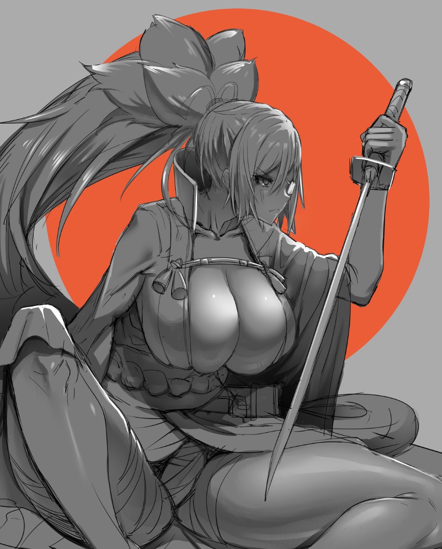 1girl amamiya_(abaros) amputee baiken big_hair black_jacket breasts cleavage closed_mouth eyepatch greyscale guilty_gear high_ponytail holding holding_sword holding_weapon huge_breasts jacket jacket_on_shoulders japanese_clothes kataginu katana kimono long_hair monochrome multicolored_clothes multicolored_kimono one-eyed open_clothes open_kimono ponytail samurai sarashi sash scar scar_across_eye scar_on_face sidelocks sitting sword thighs unfinished very_long_hair weapon