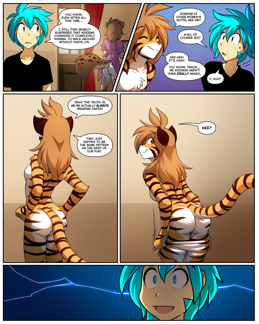 anthro breasts butt clothing comic conditional_dnp dialogue featureless_breasts felid female flora_(twokinds) hair human humor kathrin_vaughan long_hair looking_back male mammal mooning pantherine tiger tom_fischbach trace_legacy twokinds undressing webcomic