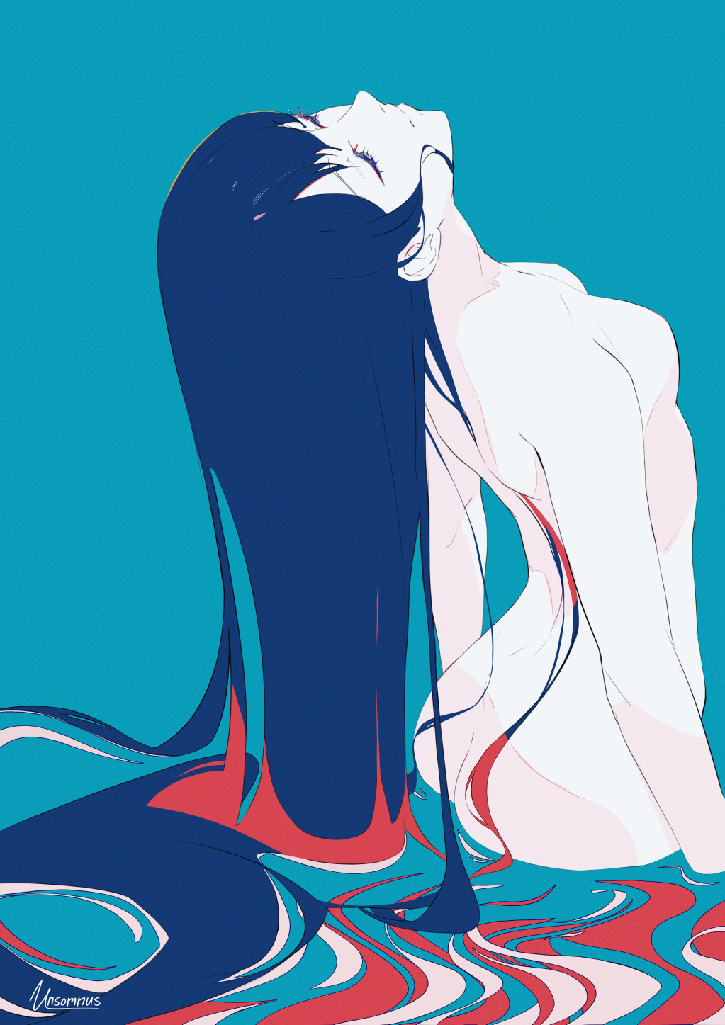 1girl ass back bangs breasts closed_eyes closed_mouth facing_up flat_color from_behind head_back highres long_hair nude original partially_submerged ripples signature simple_background small_breasts solo unsomnus very_long_hair water