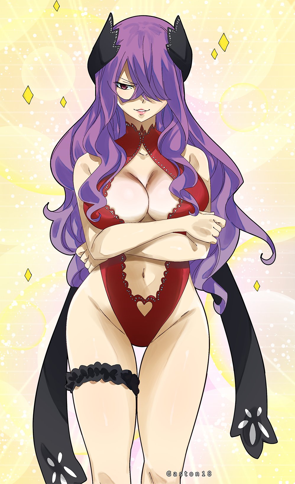 1girl artist_name bangs bare_shoulders breasts cleavage clothing_cutout colorized crossed_arms crossed_bangs dress eden's_zero feet_out_of_frame gaston18 groin hair_ornament hair_over_one_eye hair_over_shoulder heart_cutout highleg highres holy_(eden's_zero) large_breasts long_hair looking_at_viewer navel neck_tattoo one_eye_covered open_mouth parted_lips purple_hair red_dress red_eyes smile solo stomach strapless strapless_dress tattoo teeth third-party_edit