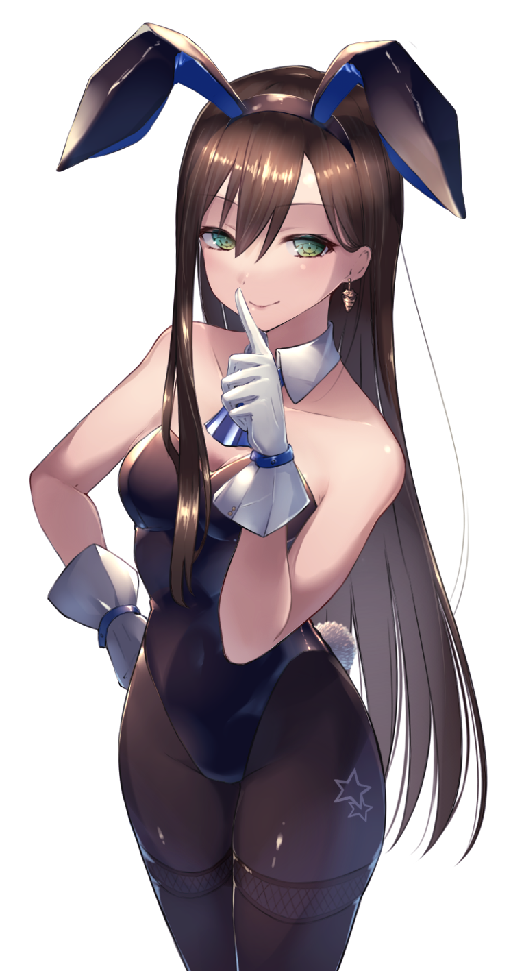 1girl animal_ears ascot bang_dream! black_hair black_legwear black_leotard blue_ascot commentary_request detached_collar finger_to_mouth gloves green_eyes hanazono_tae highres leotard long_hair looking_at_viewer pantyhose playboy_bunny rabbit_ears rabbit_tail saikuu simple_background standing strapless strapless_leotard tail thighband_pantyhose white_background white_gloves