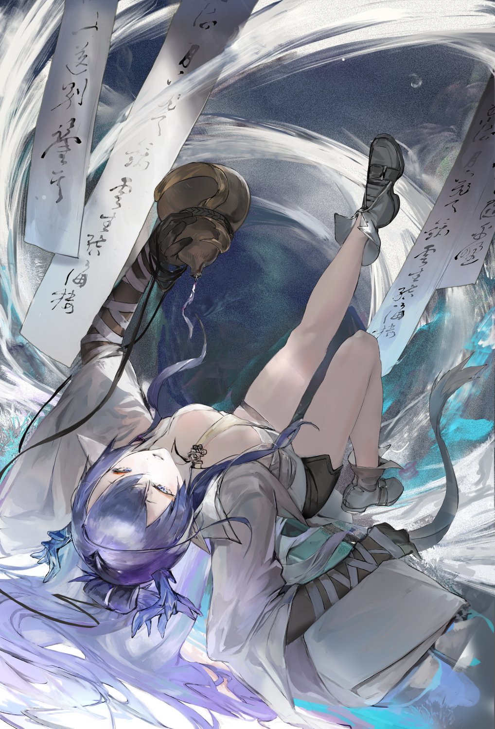 1girl abstract_background ankle_boots arched_back arknights bangs bare_legs between_breasts black_gloves blue_eyes blush boots breasts coat elbow_gloves full_body gloves gourd grey_footwear highres holding knee_up kuma20151225 leg_up ling_(arknights) long_hair long_sleeves lying medium_breasts necktie necktie_between_breasts no_bra on_back open_clothes open_coat parted_lips pointy_ears purple_hair scroll sidelocks solo upside-down very_long_hair white_coat wide_sleeves yellow_necktie