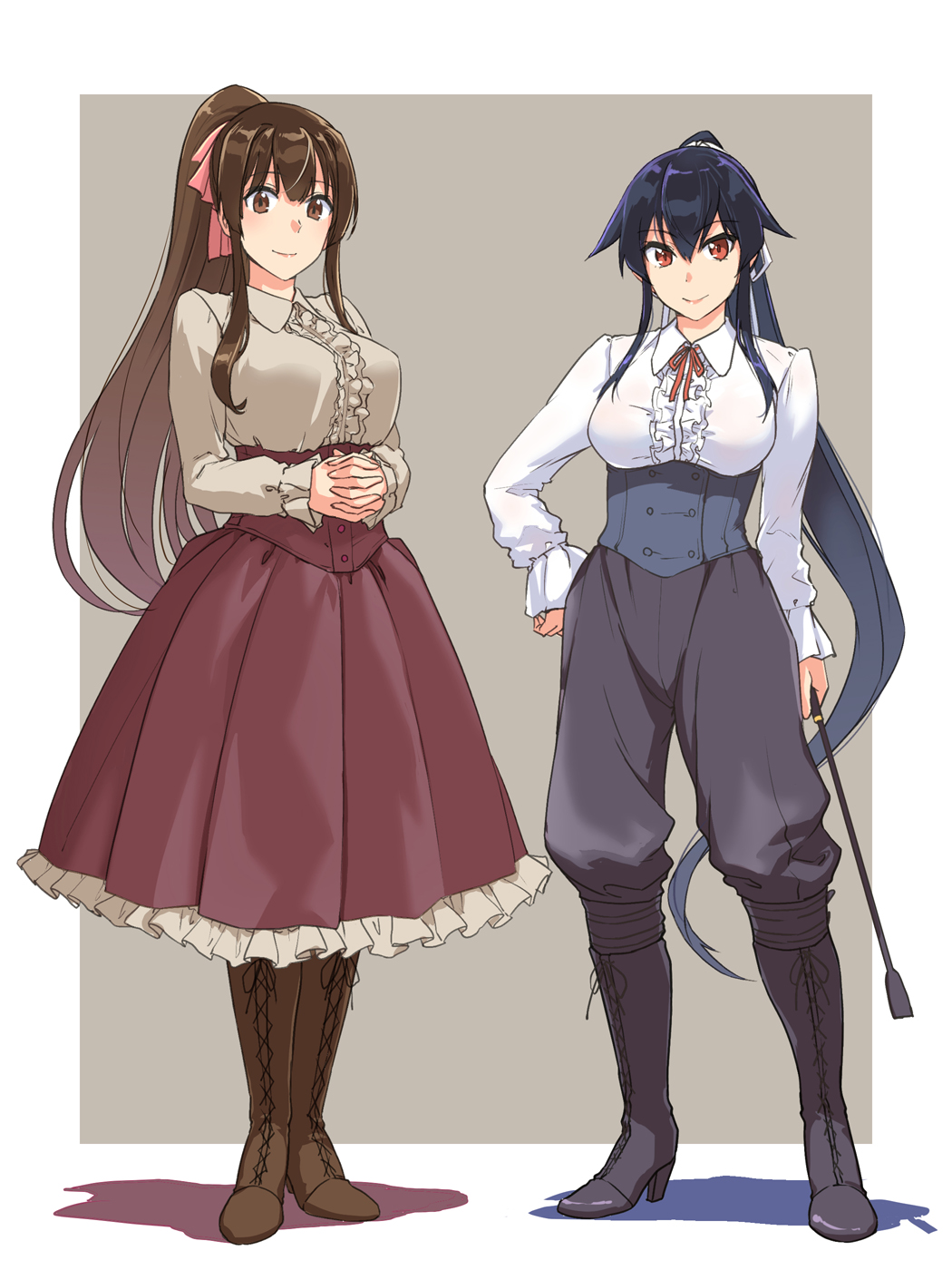 2girls abo_(hechouchou) alternate_costume beige_background beige_blouse black_footwear black_hair black_pants blouse boots border brown_footwear brown_hair cross-laced_footwear frilled_blouse frilled_skirt frills full_body highres kantai_collection lace-up_boots long_hair looking_at_viewer multiple_girls pants ponytail red_eyes red_skirt riding_crop sidelocks skirt two-tone_background white_blouse white_border yahagi_(kancolle) yamato_(kancolle)