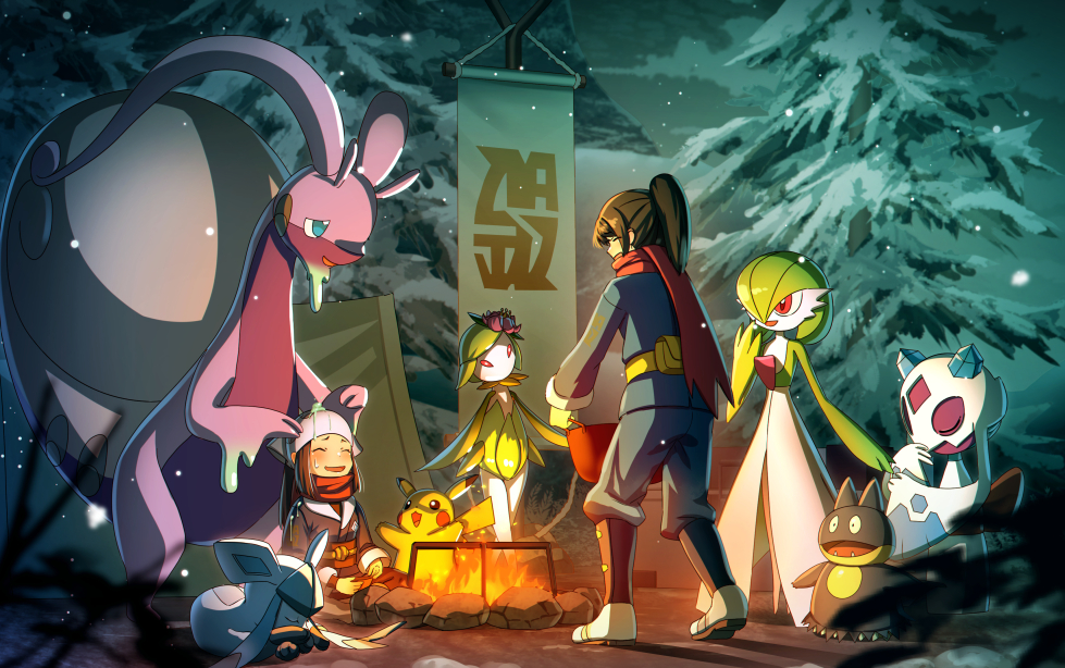 1boy 1girl akari_(pokemon) black_hair campfire commentary_request fire froslass gardevoir glaceon head_scarf hisuian_goodra hisuian_lilligant holding jacket munchlax night niwachichi_(maekawasan) outdoors pants pikachu pokemon pokemon_(creature) pokemon_(game) pokemon_legends:_arceus red_scarf rei_(pokemon) scarf shoes sitting snowing spoilers standing tied_hair tree white_headwear