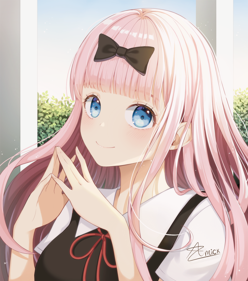 1girl amick_(americanomix) bangs black_bow black_ribbon blue_eyes blunt_bangs bow closed_mouth floating_hair fujiwara_chika hair_bow kaguya-sama_wa_kokurasetai_~tensai-tachi_no_renai_zunousen~ long_hair neck_ribbon pink_hair portrait ribbon shiny shiny_hair short_sleeves signature smile solo white_sleeves