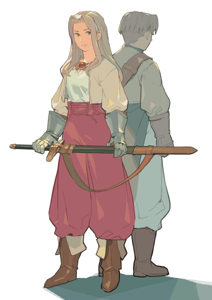 1boy 1girl blue_eyes blush boots breasts brother_and_sister brown_gloves brown_hair catiua_powell closed_mouth denim_powell full_body gloves long_hair looking_at_viewer sarmat short_hair siblings simple_background sword tactics_ogre weapon white_background