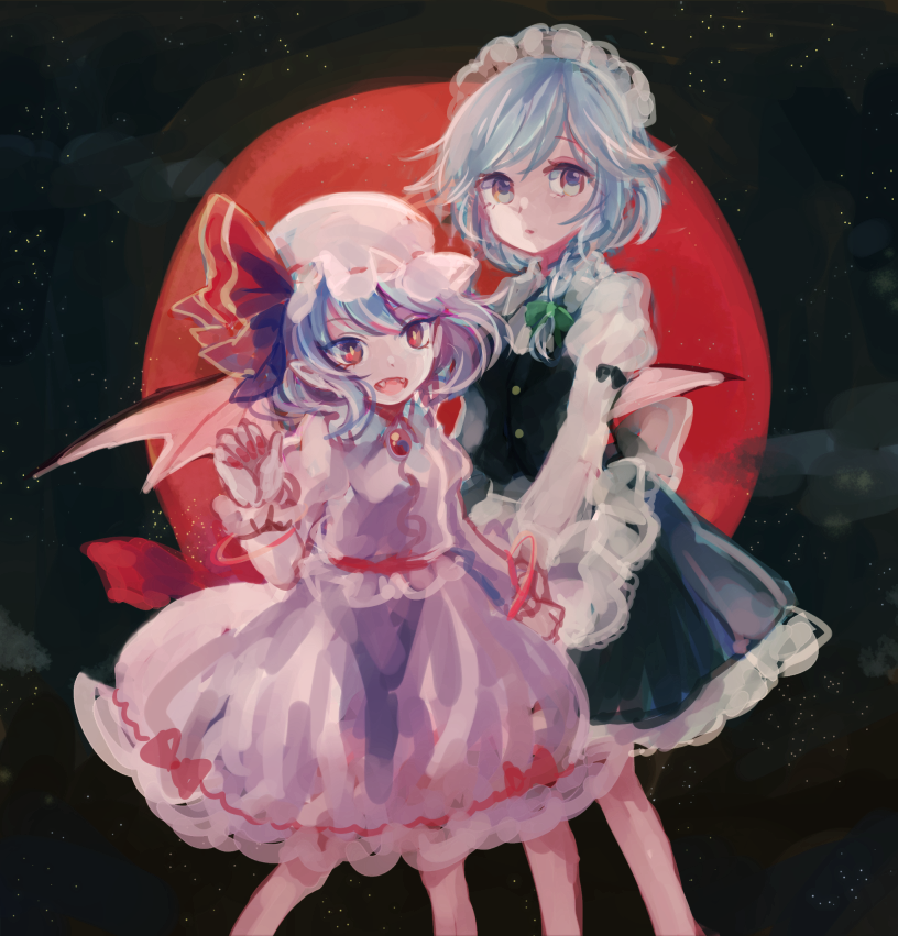 2girls :d :| apron bangs bat_wings blue_hair braid brooch closed_mouth commentary dress eyebrows_behind_hair fangs feet_out_of_frame fingernails frilled_dress frilled_sleeves frills full_moon grey_eyes hand_up hat hat_ribbon izayoi_sakuya jewelry long_sleeves looking_at_viewer maid maid_apron maid_headdress mob_cap moon mozukuzu_(manukedori) multiple_girls night night_sky paw_pose red_eyes red_moon red_ribbon remilia_scarlet ribbon short_hair silver_hair sky smile standing star_(sky) starry_sky swept_bangs touhou tsurime twin_braids waist_apron white_dress white_headwear wings