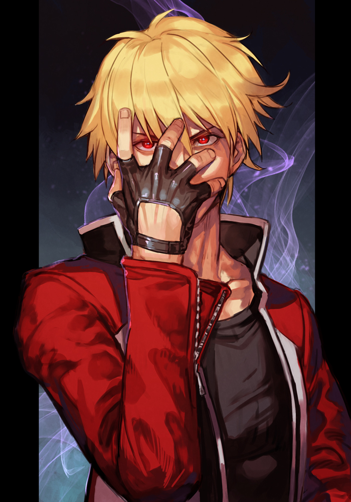 1boy bangs black_gloves black_shirt fatal_fury fingerless_gloves gloves hand_up hungry_clicker jacket long_sleeves looking_at_viewer male_focus mark_of_the_wolves red_eyes red_jacket rock_howard shirt solo the_king_of_fighters upper_body