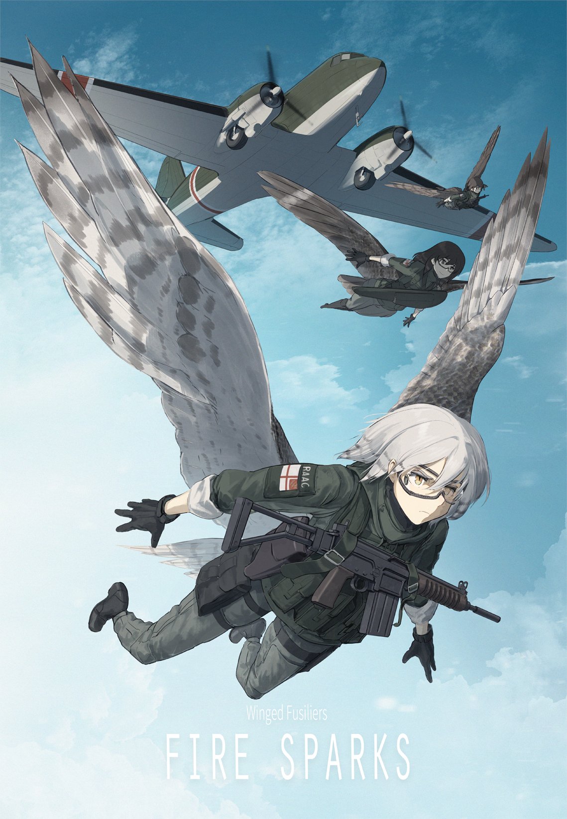 3girls aircraft airplane asterisk_kome belt_buckle black_footwear black_hair blue_sky boots brown_hair buckle cloud commentary_request cover cover_page english_text flying frown gloves goggles green_pants green_shirt highres load_bearing_vest long_hair low_wings military military_uniform multiple_girls pants patch pouch propeller shirt short_hair sky skydive sleeves_folded_up slit_pupils uniform v-shaped_eyebrows weapon weapon_request winged_fusiliers wings yellow_eyes