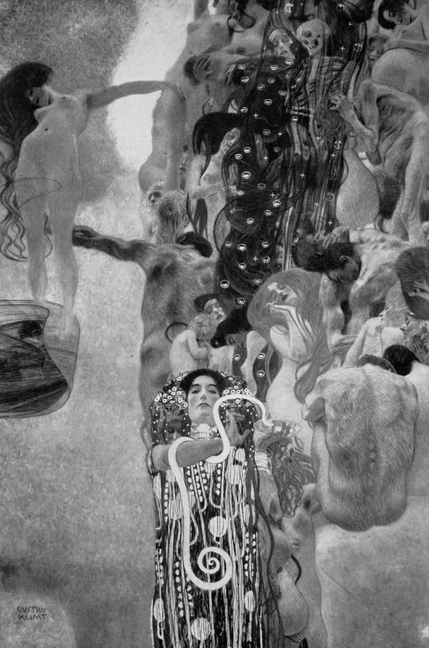 abstract_background art_nouveau baby birth black_and_white black_eyes blood bodily_fluids bone breasts clothed clothing colubrid container cup death european_mythology eyes_closed female feral floating flower flowing_hair flowing_water grabbing_head greek_mythology greyscale group group_portrait gustav_klimt hair hi_res holding_baby human lethe male mammal monochrome muscular mythology nude overweight plant reptile robe scalie scared skeleton skinny sleeping snake symbolism water young