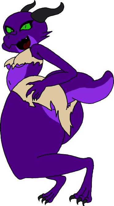 anthro big_butt butt claws clothing digitigrade female green_eyes horn huge_butt kobold looking_at_viewer looking_back purple_body purple_scales rags scales short_stack short_tail smile solo thick_thighs torn_clothing two_piece