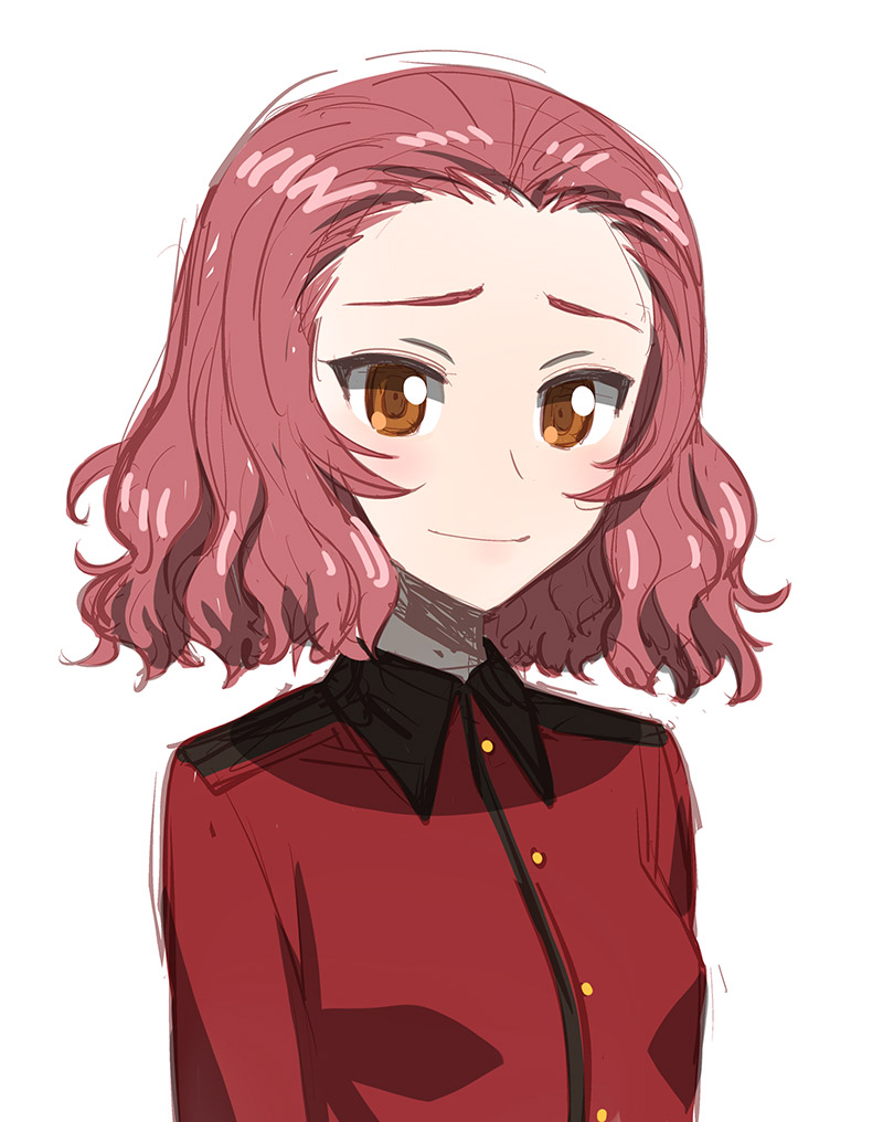 1girl blush brown_eyes closed_mouth girls_und_panzer jacket looking_at_viewer medium_hair minazuki_juuzou pink_hair red_jacket rosehip_(girls_und_panzer) simple_background smile solo upper_body white_background