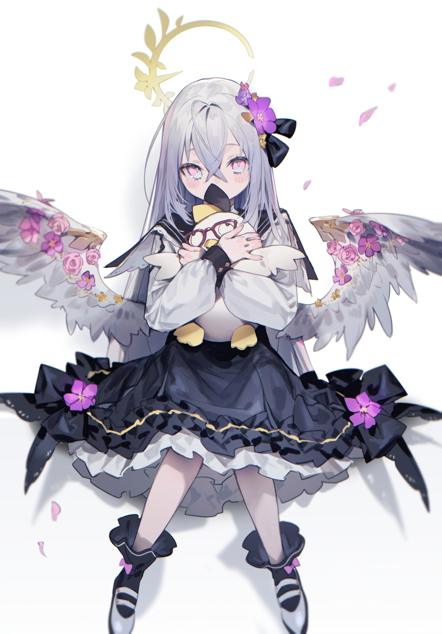 1girl azusa_(blue_archive) bangs black_legwear black_sailor_collar black_skirt blue_archive blush_stickers bukurote commentary_request covered_mouth eyebrows_visible_through_hair feathered_wings flower frilled_skirt frills grey_hair hair_between_eyes hair_flower hair_ornament halo highres long_hair long_sleeves looking_at_viewer low_wings object_hug peroro_(blue_archive) petals pink_eyes pink_flower pink_rose puffy_long_sleeves puffy_sleeves purple_flower rose sailor_collar school_uniform serafuku shadow shirt shoes skirt socks solo very_long_hair white_background white_footwear white_shirt white_wings wings