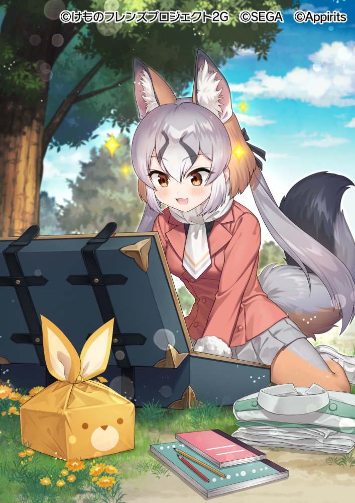 :3 animal_ears black_shirt blush collared_shirt commentary_request extra_ears folded_clothes fox_ears fox_girl fox_tail grey_hair grey_legwear grey_skirt island_fox_(kemono_friends) jacket kemono_friends kemono_friends_3 long_sleeves luggage multicolored_hair necktie notebook official_art open_mouth orange_eyes orange_hair orange_jacket orange_legwear pantyhose pencil pleated_skirt sakanahen shirt skirt sparkle tail translation_request twintails two-tone_hair two-tone_legwear white_necktie