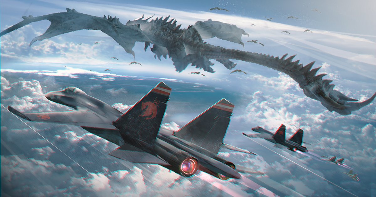 above_clouds cloud commentary dragon emblem f-15_eagle fantasy horizon no_humans original outdoors swav