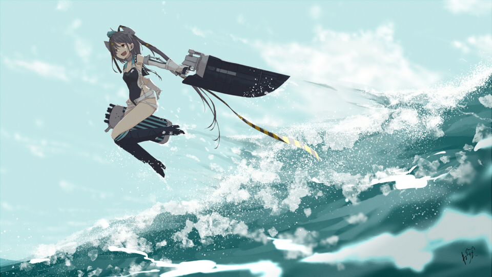 1girl aqua_headwear black_ribbon black_swimsuit competition_swimsuit garrison_cap gloves grey_hair hair_ornament hair_ribbon hat headgear highleg highleg_swimsuit kantai_collection long_hair multicolored_clothes multicolored_swimsuit neve ocean one-piece_swimsuit outdoors ribbon rigging scamp_(kancolle) short_shorts shorts side_ponytail solo star_(symbol) star_hair_ornament swimsuit torpedo waves white_gloves white_shorts white_swimsuit