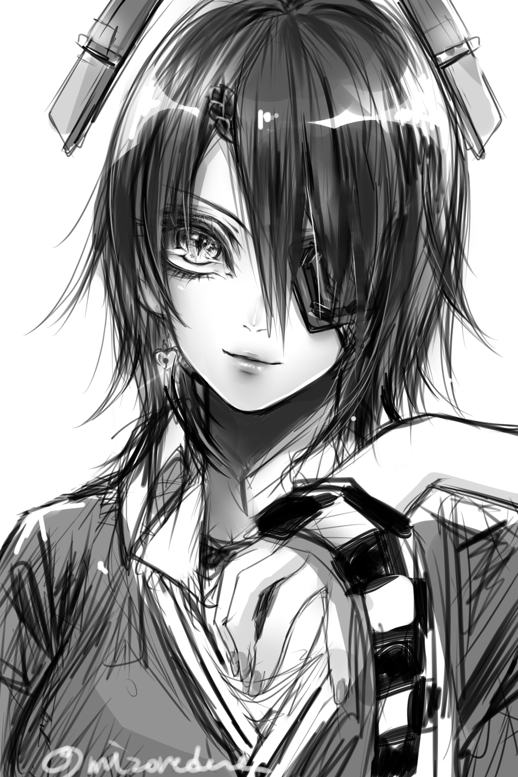 1girl blush checkered_necktie closed_mouth eyebrows_visible_through_hair eyepatch greyscale hair_over_one_eye highres kantai_collection lips looking_at_viewer mizoredama1 monochrome necktie short_hair sketch smile solo tenryuu_(kancolle) twitter_username