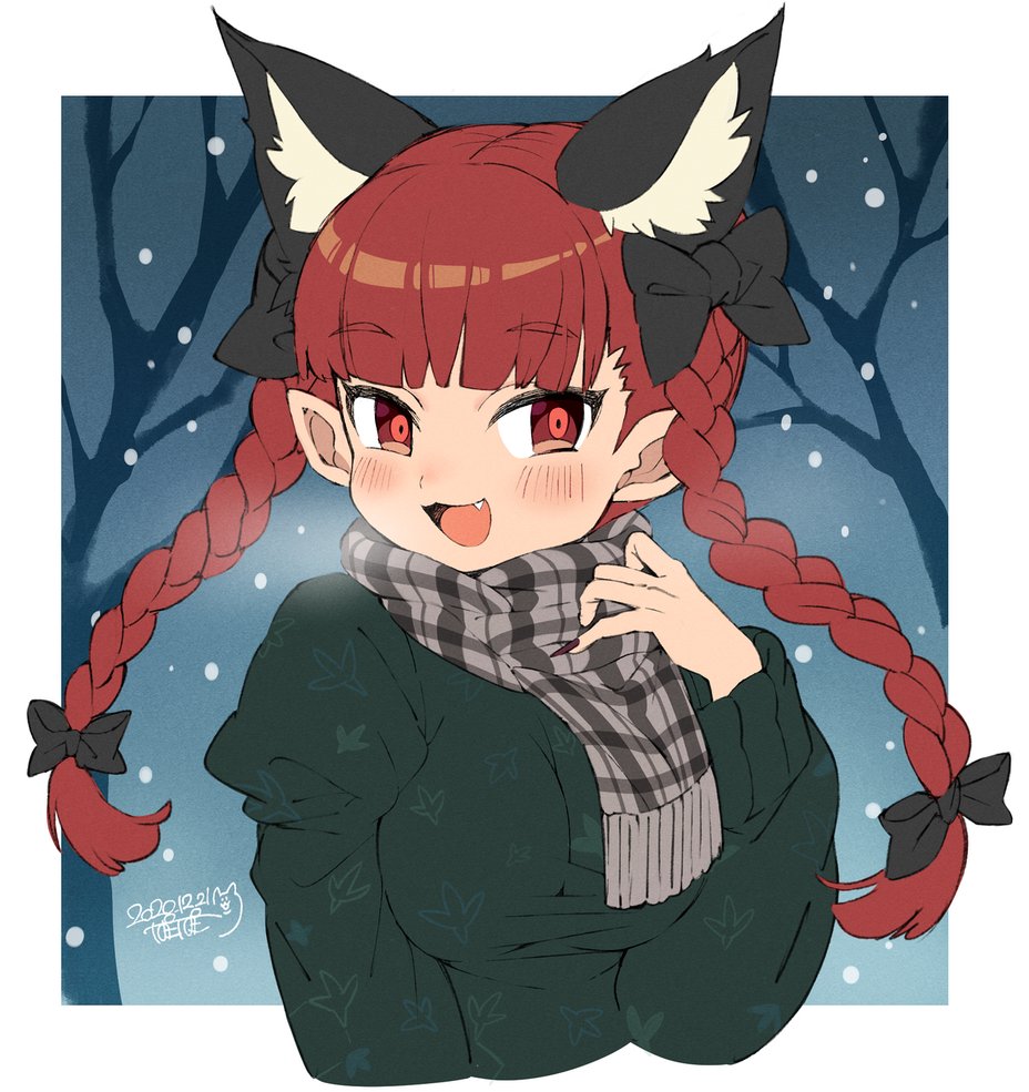 1girl animal_ear_fluff animal_ears bangs black_bow blunt_bangs blush bow braid breasts breath cat_ears cropped_torso dated duplicate extra_ears eyebrows_visible_through_hair fang fingernails green_sweater hair_bow hand_up iroyopon kaenbyou_rin long_hair long_sleeves looking_at_viewer medium_breasts open_mouth plaid plaid_scarf pointy_ears red_eyes red_hair red_nails scarf sharp_fingernails signature smile snowing solo sweater touhou tree twin_braids twintails upper_body very_long_fingernails winter_clothes