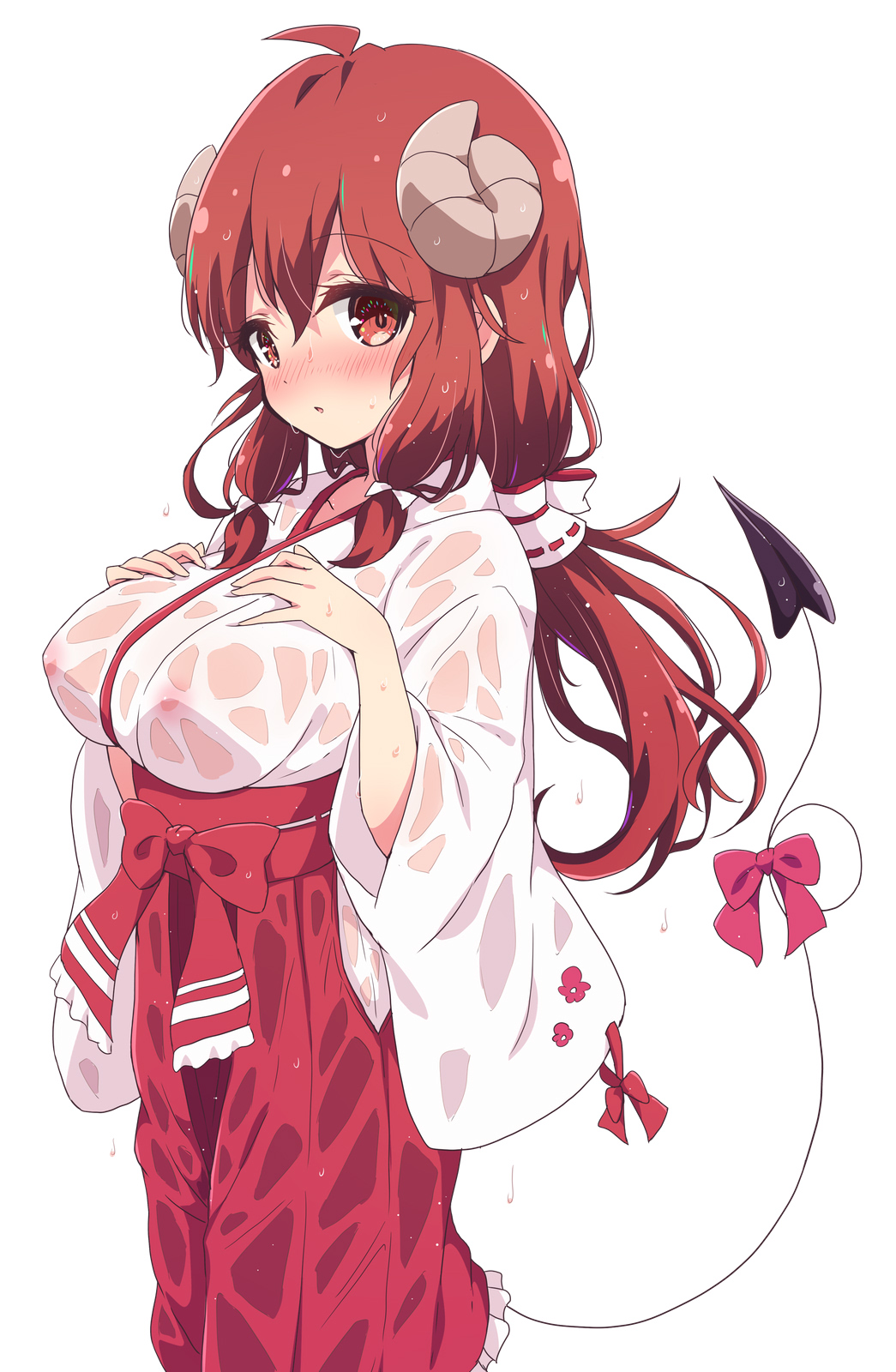 1girl ahoge alternate_costume bangs blush breasts curled_horns demon_girl demon_horns demon_tail eyebrows_visible_through_hair hair_between_eyes hakama hakama_skirt hands_on_own_chest highres horns japanese_clothes large_breasts long_hair long_sleeves looking_at_viewer machikado_mazoku mel_(melty_pot) miko nipples open_mouth red_hakama see-through simple_background skirt solo standing tail wet wet_clothes white_background yoshida_yuuko_(machikado_mazoku)