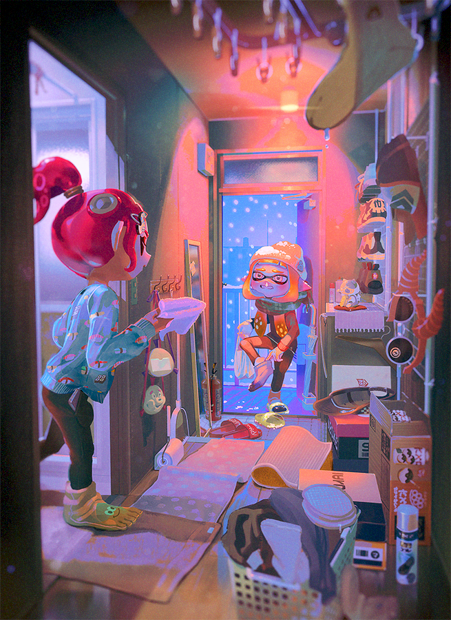 2girls agent_4_(splatoon) agent_8_(splatoon) beanie carpet character_doll doorway hat inkling judd_(splatoon) multiple_girls octoling open_door open_mouth orange_hair pink_hair pointy_ears ponytail runny_nose sandals scarf shoebox shoes snowing splatoon_(series) splatoon_2 splatoon_2:_octo_expansion suction_cups tentacle_hair towaxa towel wristband