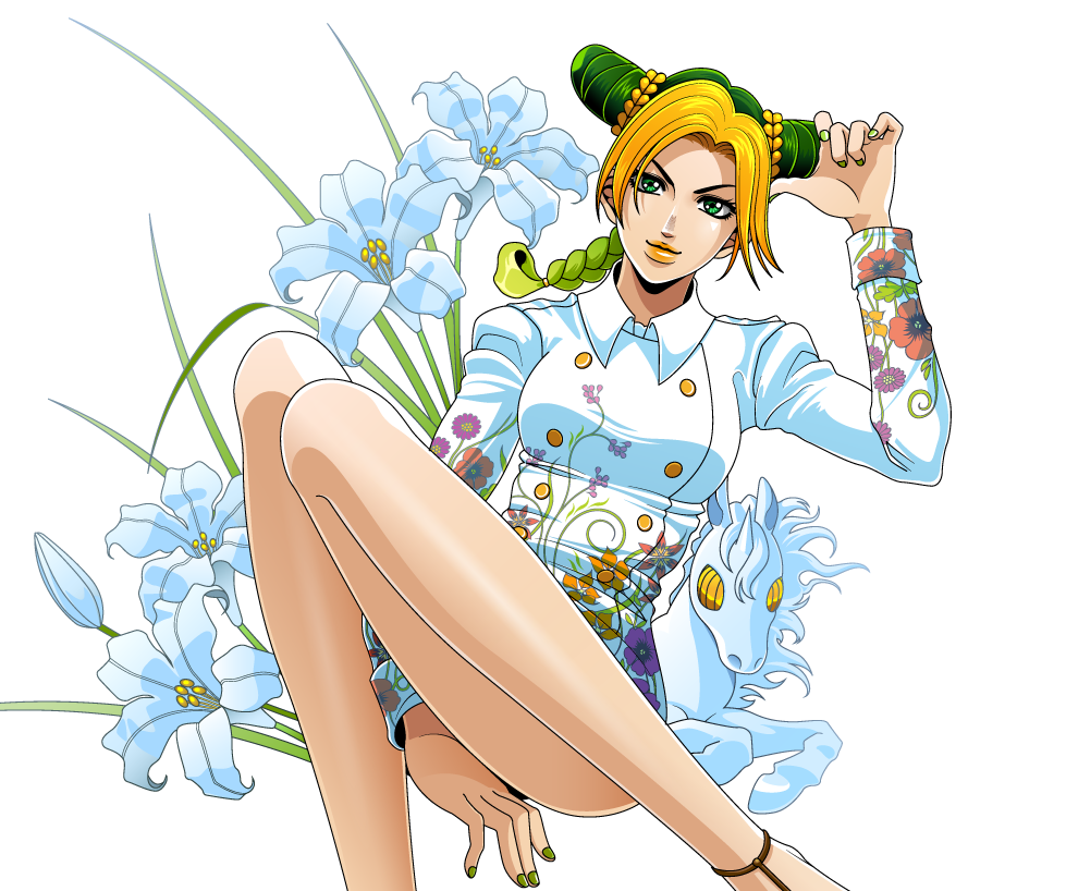 1girl blonde_hair braid braided_ponytail double_bun dress_shirt floral_print flower green_eyes green_hair hair_cones jojo_no_kimyou_na_bouken jolyne_fly_high_with_gucci kujo_jolyne legs lily_(flower) multicolored_hair official_alternate_costume shirt solo stone_ocean tazbun two-tone_hair unicorn yellow_lips