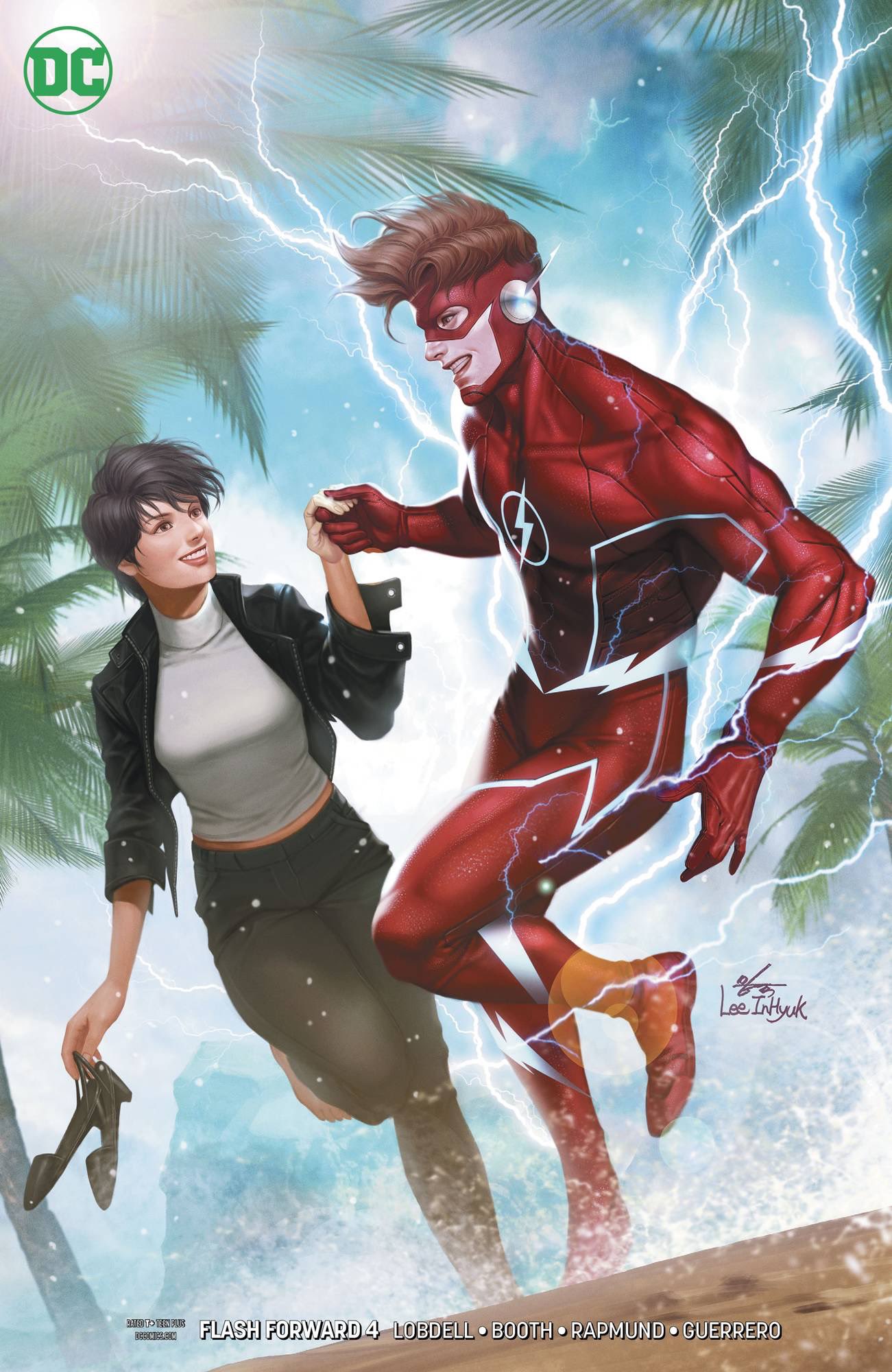 1boy 1girl barefoot beach black_hair bodysuit breasts couple dc_comics full_body grin happy head_tilt hetero highres holding holding_shoes husband_and_wife in-hyuk_lee jacket leather leather_jacket lightning linda_park looking_at_another muscular muscular_male open_clothes open_jacket outdoors palm_tree pants red_bodysuit red_hair sandals sandals_removed shoes short_hair signature smile standing standing_on_one_leg superhero teeth the_flash the_flash_(series) tree wally_west water