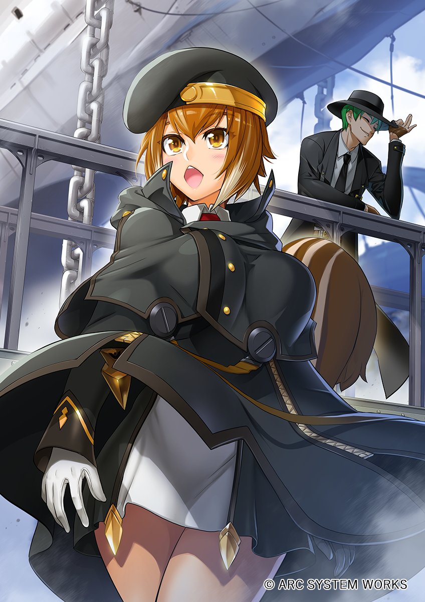 1boy 1girl :&lt;&gt; animal_ears arc_system_works bangs beret black_suit blazblue breasts brown_eyes brown_hair cloak closed_eyes closed_mouth diamond_mouth eyebrows_visible_through_hair fedora full_body gloves green_hair hair_between_eyes hat hazama highres looking_at_viewer looking_to_the_side makoto_nanaya military military_uniform multicolored_hair necktie official_art open_mouth satou_shouji short_hair smile squirrel_ears squirrel_girl squirrel_tail standing tail thick_thighs thighs two-tone_hair uniform white_gloves wide_hips