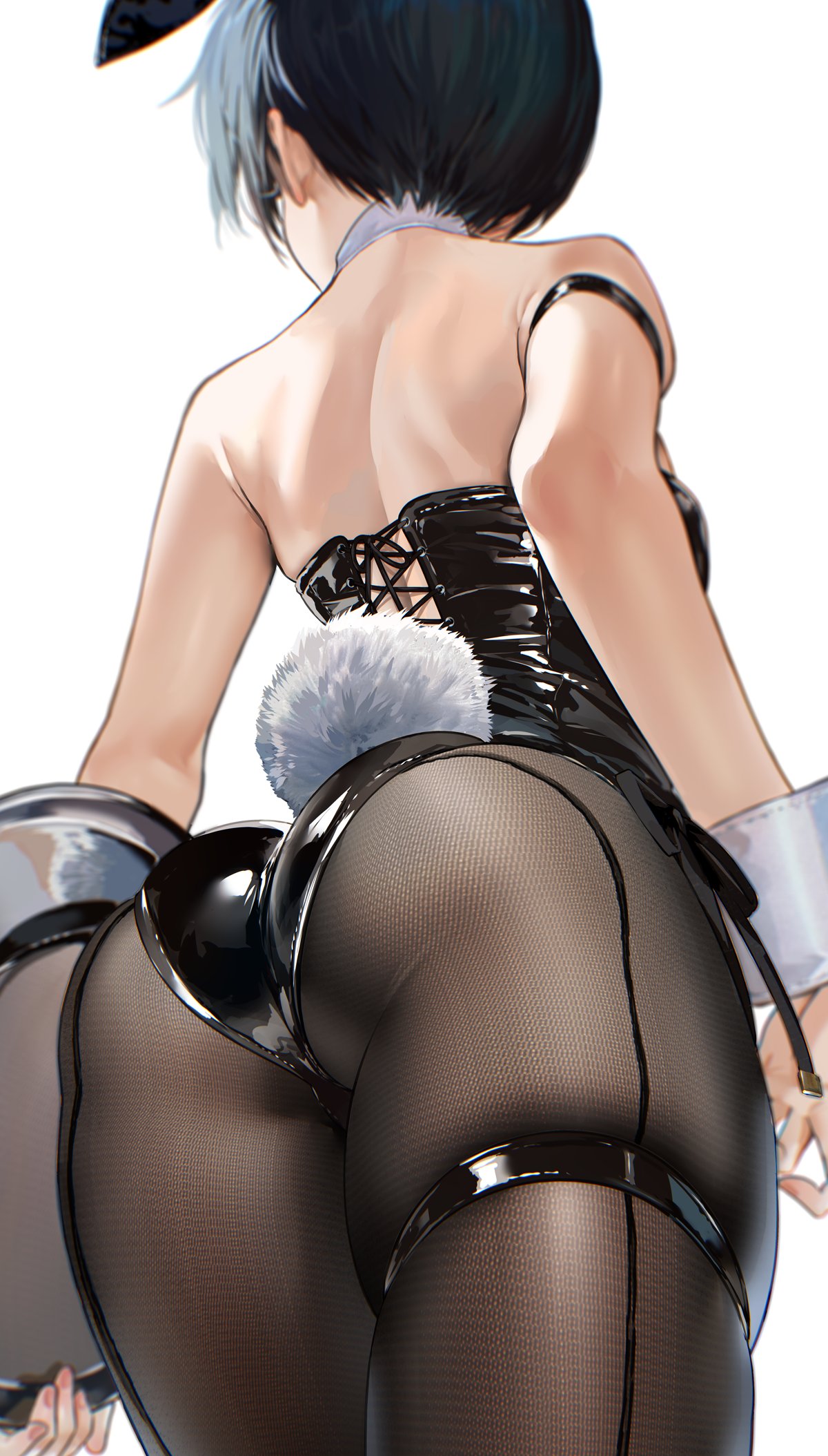 1girl animal_ears ass back bare_shoulders black_hair black_legwear black_leotard commentary_request detached_collar fake_animal_ears fake_tail from_behind genderswap genderswap_(mtf) highres houshin_engi leotard mimoza_(96mimo414) pantyhose playboy_bunny rabbit_ears rabbit_tail short_hair solo taikoubou tail thigh_strap tray wrist_cuffs
