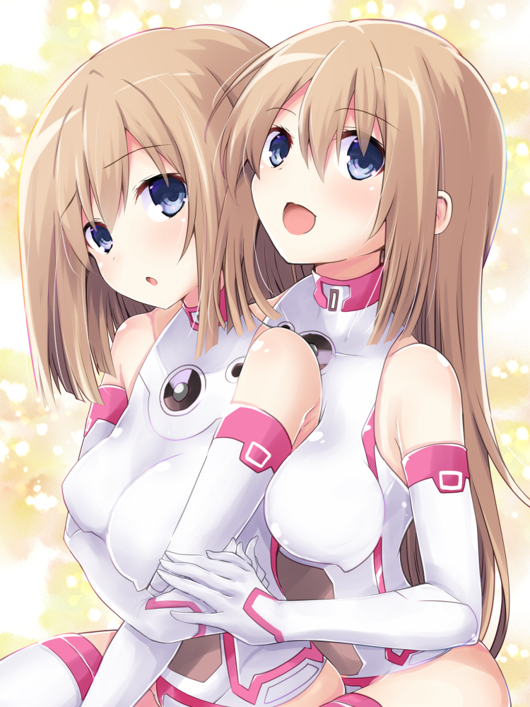 2girls :d alternate_breast_size arm_under_breasts bare_shoulders between_breasts blue_eyes blush boots breast_rest breasts brown_hair commentary_request elbow_gloves gloves hair_between_eyes happy holding_hands hug hug_from_behind iwashi_dorobou_-r- leotard long_hair looking_at_viewer medium_breasts medium_hair multiple_girls neptune_(series) open_mouth ram_(neptune_series) rom_(neptune_series) siblings sisters skin_tight skindentation smile thigh_boots thighhighs twins very_long_hair white_gloves white_leotard white_sister_ram white_sister_rom