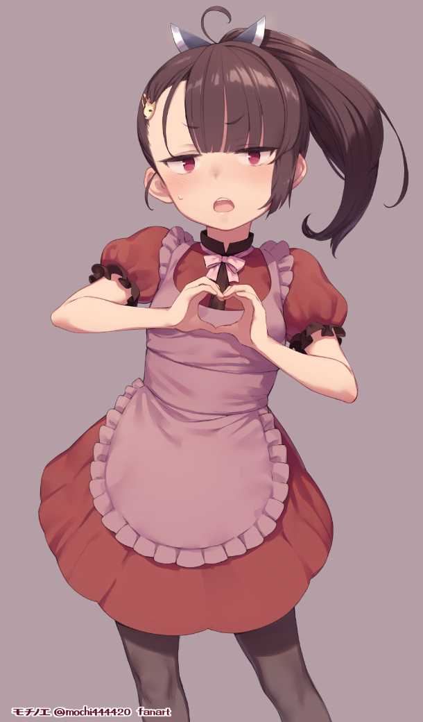 1girl ahoge alternate_costume alternate_hairstyle apron asymmetrical_bangs bangs black_legwear blunt_bangs blush bow bowtie brown_hair dress eyebrows_visible_through_hair frilled_apron frills hair_ornament hairclip heart heart_hands long_hair mochi_(mochi444420) open_mouth pantyhose pink_apron pink_bow pink_bowtie ponytail purple_background red_dress red_eyes short_sleeves simple_background solo sweat touhoku_kiritan voiceroid