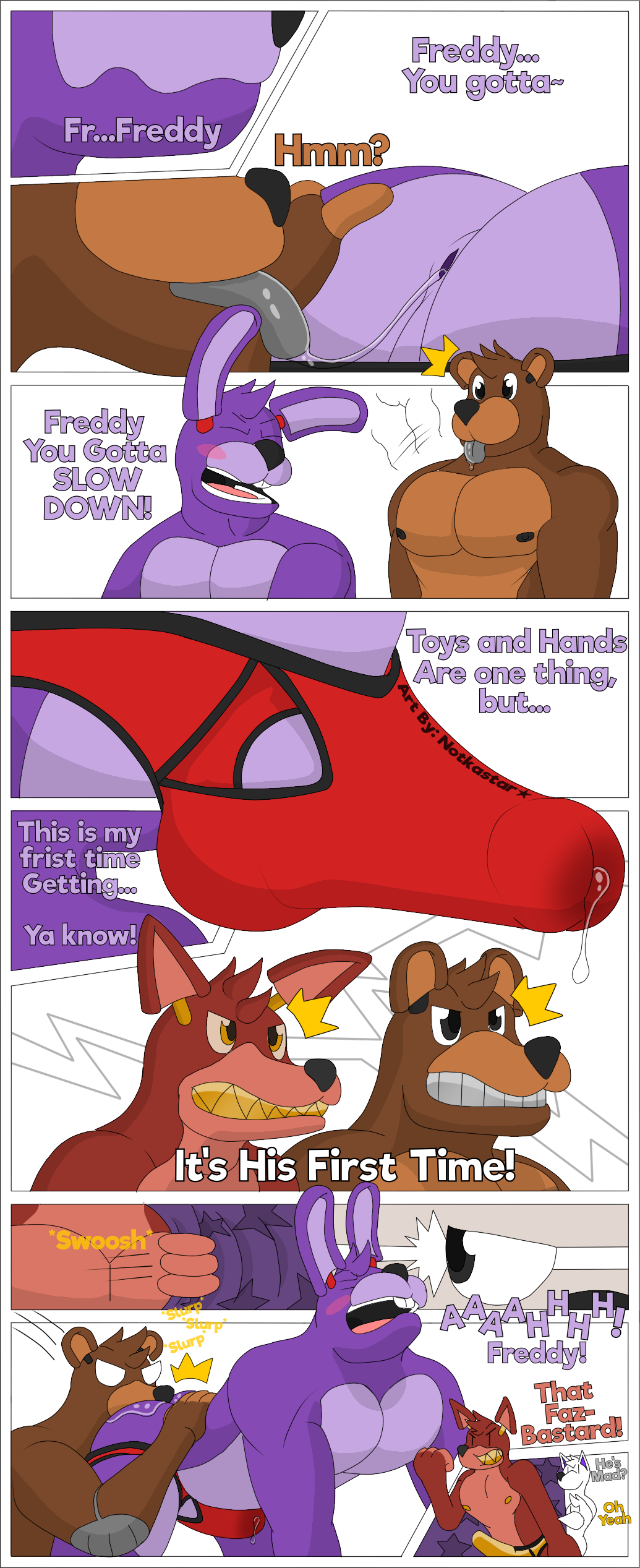 absurd_res alpha_channel anal animatronic anthro bodily_fluids bonnie_(fnaf) briefs bulge butt chica_(fnaf) clothed clothing curtains dialogue duo english_text erection five_nights_at_freddy's foxy_(fnaf) freddy_(fnaf) genital_fluids group hi_res lightning machine male male/male muscular notkastar oral partially_clothed pecs precum rimming robot scottgames sex spread_butt spreading text tongue underwear underwear_down video_games zatch_(character)