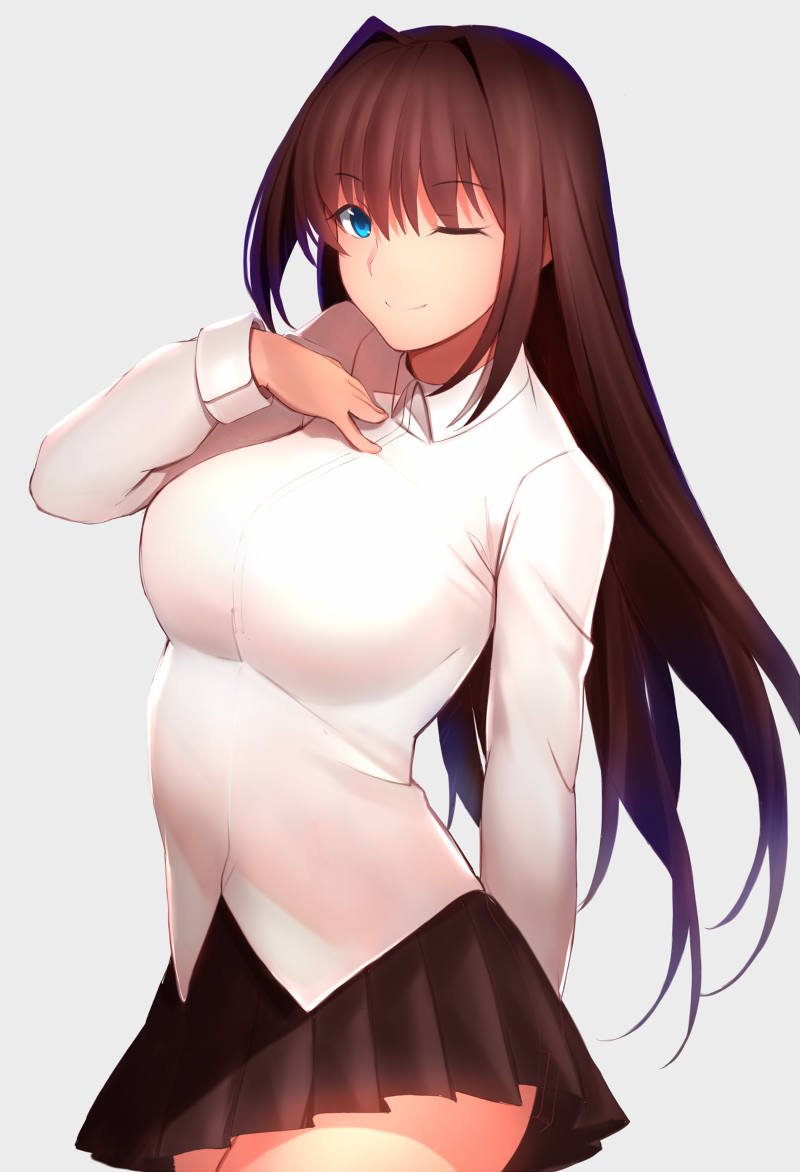 1girl aozaki_aoko arm_behind_back black_skirt blue_eyes breasts brown_hair closed_mouth collared_shirt commentary_request dress_shirt eyebrows_visible_through_hair hair_intakes hand_on_own_chest kameponde large_breasts long_hair long_sleeves looking_at_viewer mahou_tsukai_no_yoru miniskirt one_eye_closed pleated_skirt shirt simple_background skirt smile solo white_background white_shirt