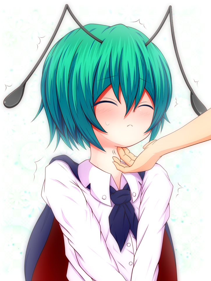 1girl 1other antennae bangs black_cape blush cape chin_tickle closed_eyes closed_mouth collared_shirt commentary_request eyebrows_visible_through_hair green_hair long_sleeves mofupaka red_cape shirt short_hair solo_focus touhou two-sided_cape two-sided_fabric upper_body white_shirt wriggle_nightbug