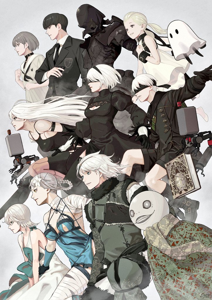 3boys 3others 6+girls akagi_hina android armlet asymmetrical_legwear bandaged_arm bandaged_leg bandaged_neck bandages bangs bare_shoulders black_blindfold black_choker black_dress black_footwear black_gloves black_hairband black_jacket black_legwear black_monster_(nier) black_necktie black_shorts blindfold blonde_hair blouse blue_eyes bob_cut book boots bow breasts cellphone character_request choker creator_connection cuffs detached_sleeves digitigrade dress elbow_gloves emil_(nier) feather-trimmed_sleeves fio_(nier) flat_chest flats flower fur-trimmed_sleeves fur_trim gloves grey_eyes grey_hair grimoire_weiss hair_flower hair_ornament hairband holding holding_phone imai5837 jacket joints juliet_sleeves kaine_(nier) lingerie long_hair long_sleeves lunar_tear mama_(nier) medium_breasts medium_hair mole mole_under_mouth monster multiple_boys multiple_girls multiple_others necktie negligee nier nier_(series) nier_(young) nier_automata nier_reincarnation parted_lips phone pod_(nier_automata) puffy_sleeves robot_joints scarf school_uniform series_connection short_hair shorts skirt smartphone tank_top thigh_boots thighhighs twintails underwear white_dress white_hair yellow_eyes yonah yorha_no._9_type_s yorha_type_a_no._2