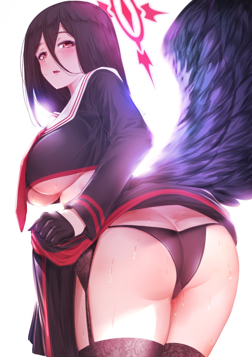 1girl ass ass_focus black_gloves black_hair black_legwear black_serafuku black_wings blue_archive blush breasts butt_crack clothes_lift embarrassed feathered_wings from_behind garter_belt gloves hair_between_eyes halo hasumi_(blue_archive) lace-trimmed_legwear lace_garter_belt lace_trim large_breasts large_wings lifted_by_self long_hair long_skirt looking_at_viewer low_wings makumaxu neckerchief red_eyes red_neckerchief sailor_collar school_uniform serafuku skirt skirt_lift solo sweat thighhighs twisted_torso underbust white_sailor_collar wings