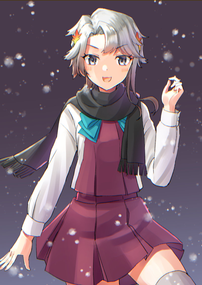 1girl akishimo_(kancolle) asymmetrical_hair black_scarf blush cowboy_shot dress eyebrows_visible_through_hair fringe_trim grey_eyes grey_legwear hair_ornament kantai_collection leaf_hair_ornament long_sleeves mayura2002 open_mouth pleated_dress purple_dress scarf shirt short_hair silver_hair smile snow snowing solo thighhighs white_shirt