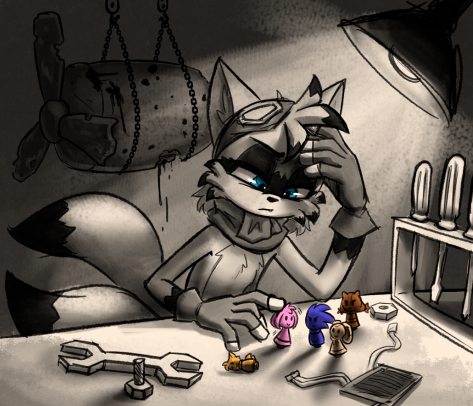 2_tails annoyed anthro blue_eyes canid canine clothing eyewear eyewear_on_head figurine fingerless_gloves fox gloves goggles goggles_on_head greyscale hand_on_head handwear lamp male mammal miles_prower monochrome multi_tail oil propeller scarf screw sega solo sonic_the_hedgehog_(series) soulcentinel story story_in_description tools violetechoes workbench wrench young