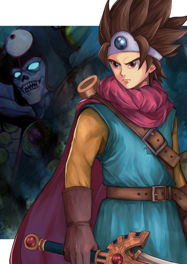 1boy belt border brown_gloves brown_hair cape circlet closed_mouth commentary dragon_quest dragon_quest_iii gloves glowing glowing_eyes grey_eyes holding holding_sword holding_weapon looking_away male_focus natrium_picture pointy_hair red_cape roto serious shaded_face sharp_teeth sheath solo_focus spiked_hair sword teeth third_eye tunic v-shaped_eyebrows weapon white_border yellow_sleeves