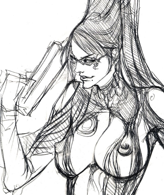 1girl bayonetta bayonetta_(character) beauty_mark breasts cleavage female glasses gun ikeda_masateru long_hair mole monochrome nipples sketch solo weapon