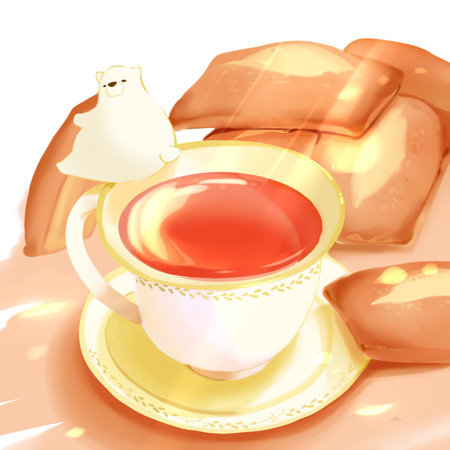 animal bear cake chai commentary_request cup dessert food food_focus holding holding_food light_rays no_humans on_food original polar_bear saucer signature sweets tea teacup undersized_animal white_background