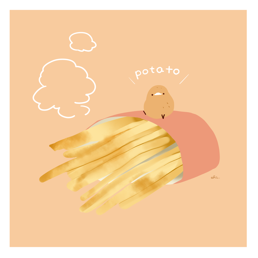 animal bird chai commentary_request english_text food food_focus french_fries no_humans on_food original potato signature simple_background steam undersized_animal