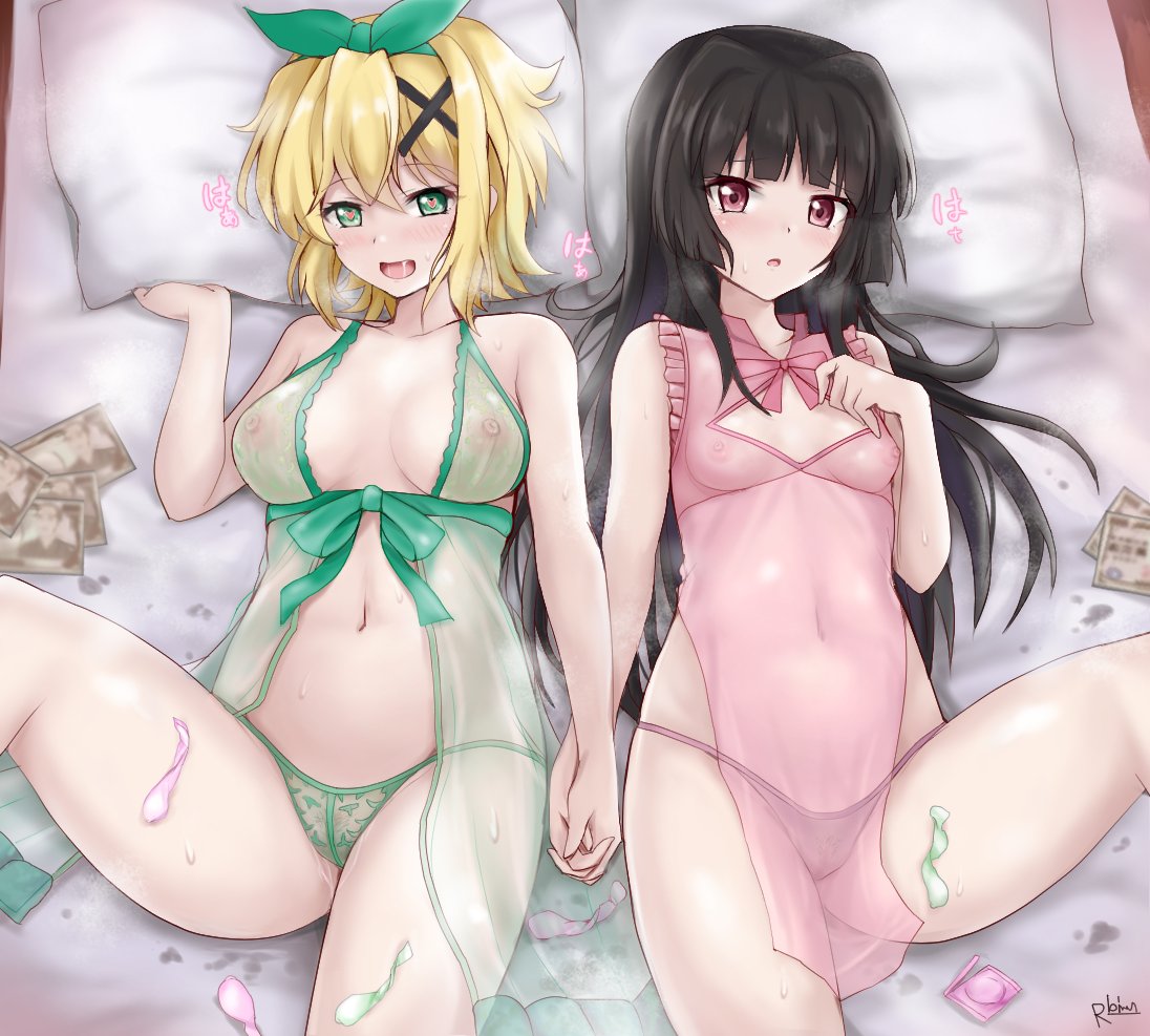 2girls akatsuki_kirika bangs bed black_hair blonde_hair blunt_bangs blush breasts condom green_eyes green_panties hair_ornament heavy_breathing implied_after_sex lingerie long_hair lying medium_breasts multiple_girls navel nipples on_back panties pink_eyes pubic_hair pussy_juice r-binon see-through senki_zesshou_symphogear shiny shiny_hair shiny_skin short_hair sweat tsukuyomi_shirabe underwear used_condom x_hair_ornament