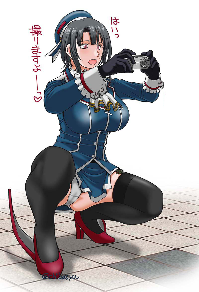 1girl beret black_gloves black_hair black_legwear blue_headwear breasts camera chiba_shuusaku commentary_request garter_straps gloves hat high_heels kantai_collection large_breasts military military_uniform miniskirt panties pantyhose pantyshot red_eyes red_footwear rudder_footwear short_hair simple_background skirt solo squatting takao_(kancolle) thighhighs tile_floor tiles translation_request underwear uniform white_background white_panties