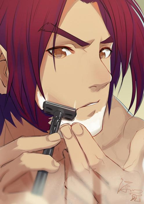 1boy brown_eyes close-up face ishitsu_kenzou long_sideburns looking_at_viewer male_focus mature_male nude red_hair shaving shaving_cream short_hair sideburns sidelocks solo thick_eyebrows tonbokiri_(touken_ranbu) touken_ranbu upper_body