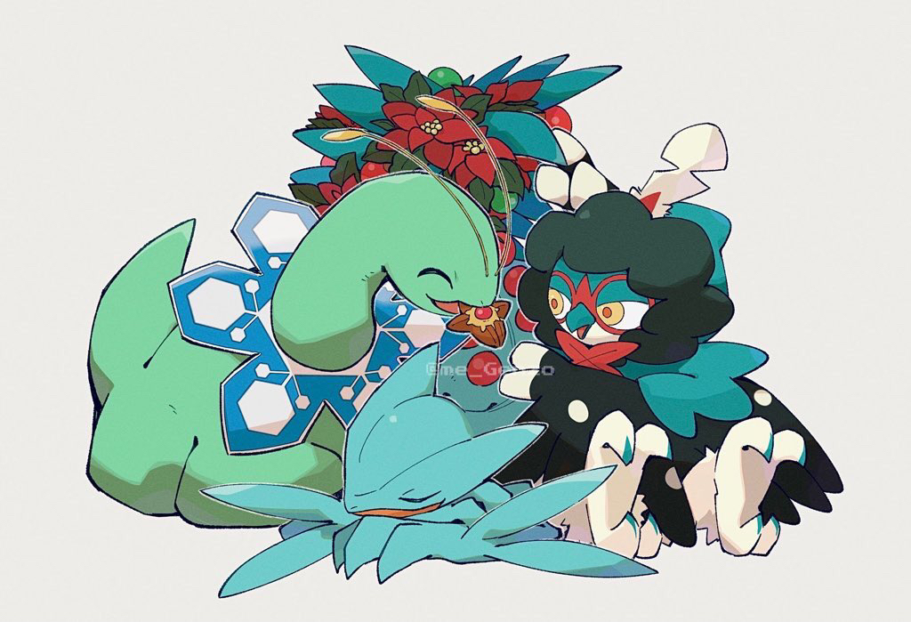 ^_^ alternate_color animal_focus artist_name closed_eyes commentary_request decidueye flower full_body genzou_(me_genzo) grey_background happy jpeg_artifacts lying meganium mouth_hold no_humans on_stomach open_mouth outline pokemon pokemon_(creature) red_flower sceptile shiny_pokemon simple_background sitting sleeping smile staryu twitter_username watermark white_outline yellow_eyes