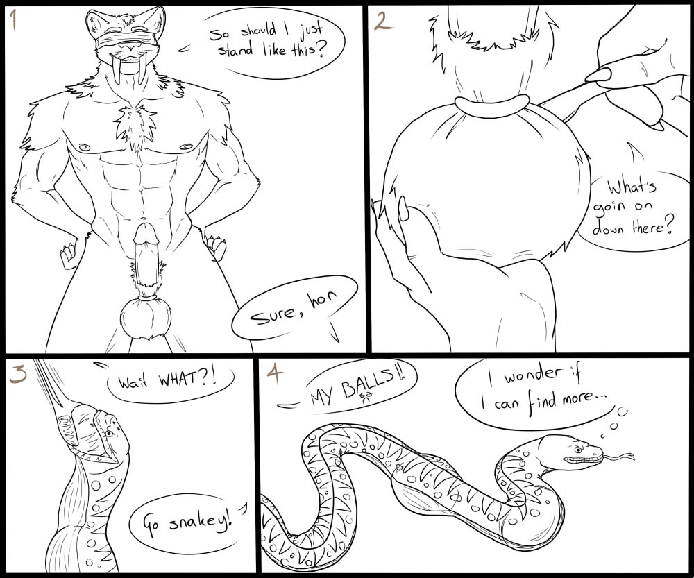 &gt;:) 2013 4_panel_comic 5_fingers ?! abdominal_bulge abs ambiguous_gender anthro areola arms_by_side athletic athletic_anthro athletic_male ball_bite ball_grab balls banding bare_skin belly biceps black_and_white black_border black_pupils blindfold body_part_in_mouth border castration chest_tuft claws comic consuming_genitalia countershade_belly countershading dialogue digital_drawing_(artwork) digital_media_(artwork) duo ears_outwards elastrator_band empty_scrotum encouragement english_text epididymis erection exclamation_point exposed_testicle eyebrows faceless_ambiguous faceless_character fangs felid feline feral finger_claws fingers forked_tongue frown fur furry_balls genital_mutilation genital_torture genitals glans gore hands_on_own_hips handwritten_text hard_vore holding_balls holding_object holding_scalpel humanoid_genitalia humanoid_hands humanoid_penis line_art lips machairodontine male mammal markings medical_instrument monochrome neck_tuft nipples numbered_sequence offscreen_male one_page_comic partial_speech_bubble pecs penis pivoted_ears prick_ears pubes puncture_wound pupils question raised_eyebrows realization reptile sabertooth_(anatomy) scales scalie scalpel scent_gland scenting scientific_instrument sequence severed_testicle shoulder_tuft simple_background slit_scrotum slithering smile smilodon snake soggy2002 speech_bubble spots spotted_markings standing stocky striped_markings stripes surgical_instrument sydion_(charn) testicle_in_mouth testicle_vore text thought_bubble tongue tongue_out tuft unaware unaware_prey urethra vore whiskers white_background wounded